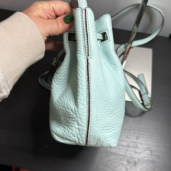 Kate Spade Copper Drawstring Bucket Bag Small Crossbody Strap Lined Light Blue - Picture 4 of 11
